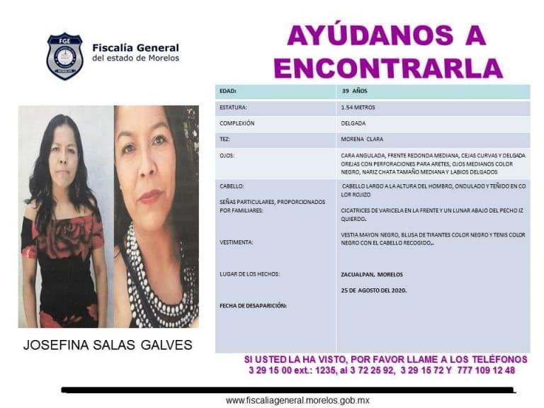 Buscan a JOSEFINA desapareció en Zacualpan de Amilpas, Morelos