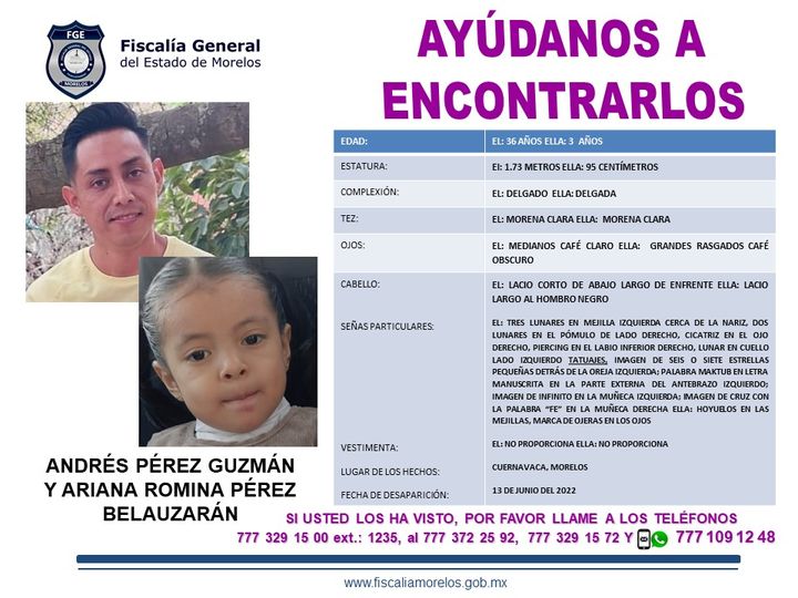 Desaparecen papá e hija de tres años en Morelos