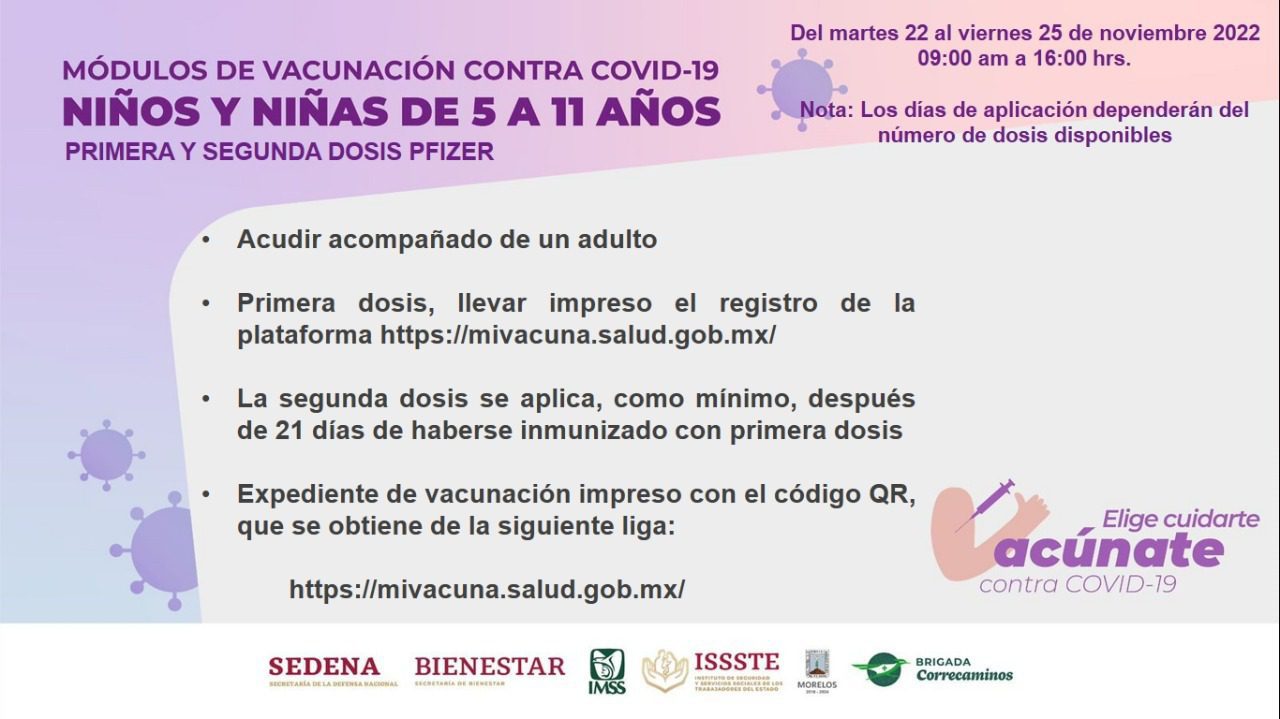 Continúa vacunación contra COVID-19 a menores de 5 a 11 años