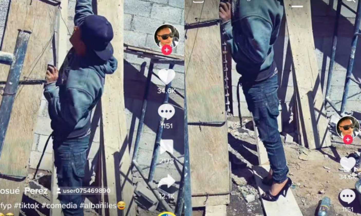 (VIDEO): Albañil se vuelve viral por usar tacones al no tener escalera