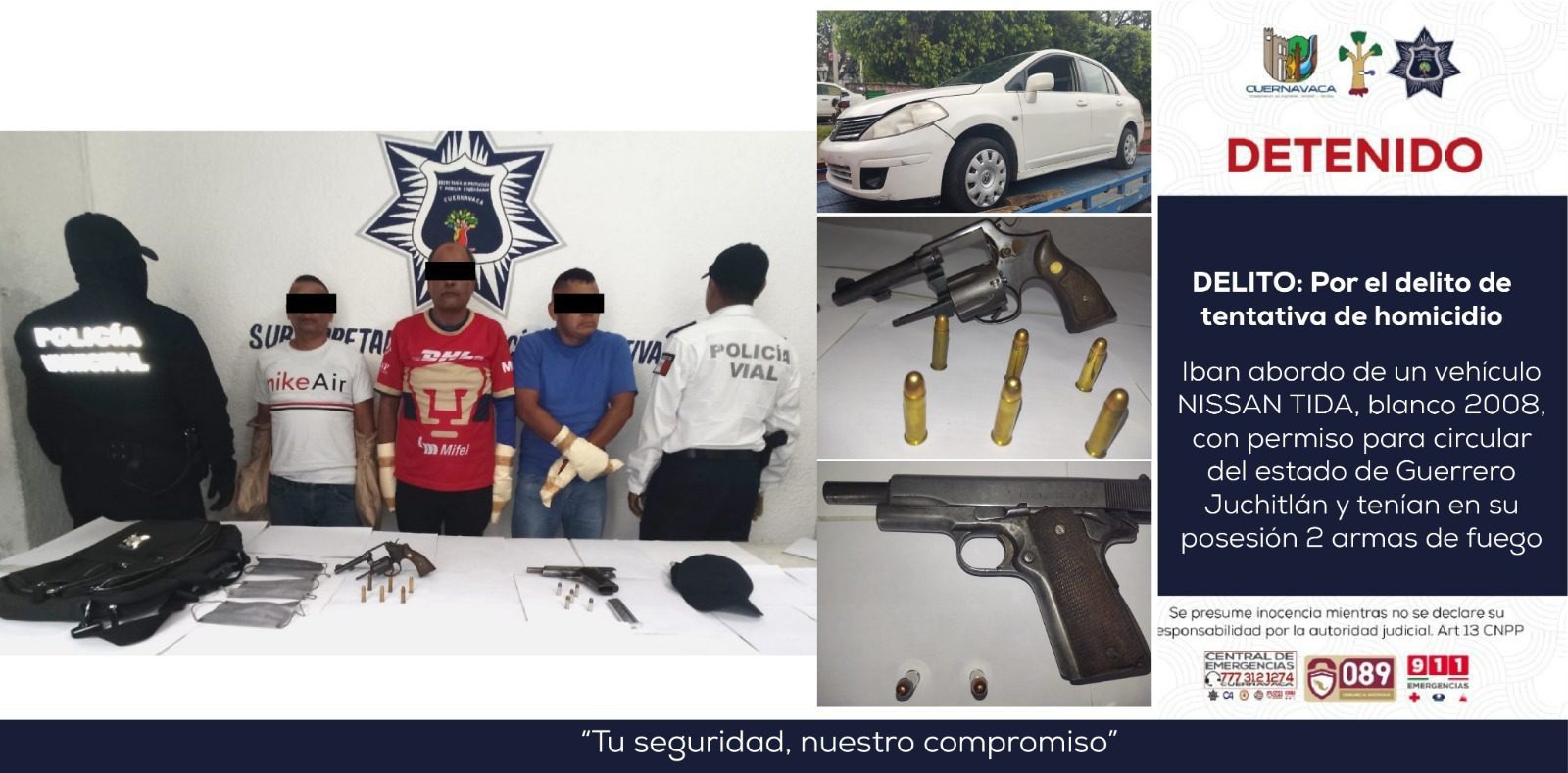 Detienen a tres hombres por detonar arma de fuego en Cuernavaca