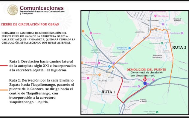 Anuncian cierre de carretera Jojutla-Chinameca por obras viales
