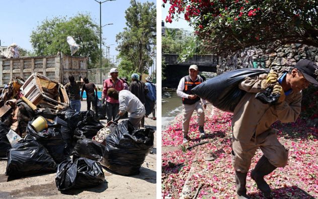 Brigadas de servicios públicos de Cuernavaca y Jiutepec retirando basura y maleza de la barranca Puente Blanco en Morelos