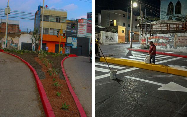 Trabajadores municipales pintan guarniciones y reparan el alumbrado público sobre el Puente 2000 en Álvaro Obregón, Cuernavaca