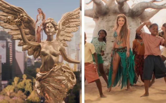 Shakira bailando con vestuario amarillo y azul en una escena del video oficial 'Dai Dai' para el Mundial 2026, con efectos del Ángel de la Independencia de fondo.