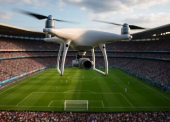 Operador de seguridad vigilando el espacio aéreo con tecnología de restricción para drones cerca de un estadio