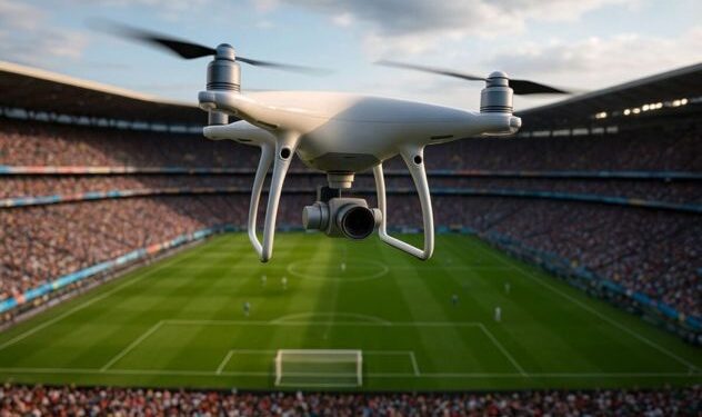 Operador de seguridad vigilando el espacio aéreo con tecnología de restricción para drones cerca de un estadio