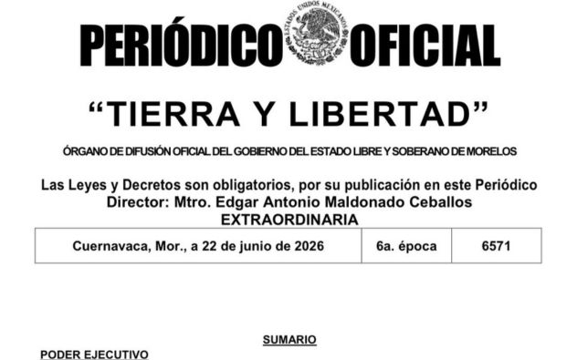 otografía en un plano medio del Periódico Oficial "Tierra y Libertad" o los logotipos institucionales del Gobierno del Estado de Morelos,