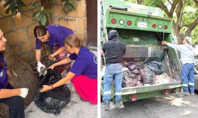 Vecinos y personal del IMC participando en la jornada de limpieza comunitaria en la calle Pino de Cuernavaca, Morelos