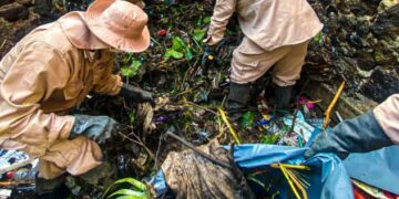 Personal operativo de conservación de barrancas del municipio de Cuernavaca realizando maniobras de desazolve