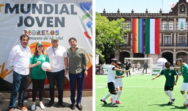 Jugadores de futbol con discapacidad visual utilizando antifaces y un balón sonoro disputando un partido en la cancha temporal de la Plaza Zapata en Cuernavaca, ante la mirada de asistentes y autoridades.