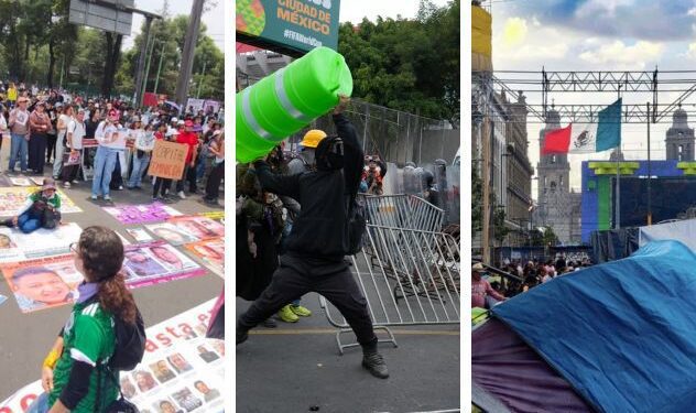 Contingentes de manifestantes avanzan por la calzada de Tlalpan en la Ciudad de México durante operativo de seguridad