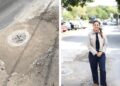 La síndica municipal de Cuernavaca, Paula Trade, dialogando con vecinos de la colonia Teopanzolco al lado de una zona delimitada debido a un socavón en el asfalto.