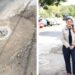 La síndica municipal de Cuernavaca, Paula Trade, dialogando con vecinos de la colonia Teopanzolco al lado de una zona delimitada debido a un socavón en el asfalto.