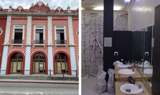 Alt text para imagen destacada:* Fachada del Cine Morelos en el centro de Cuernavaca con andamios y trabajadores realizando labores de pintura y restauración arquitectónica.