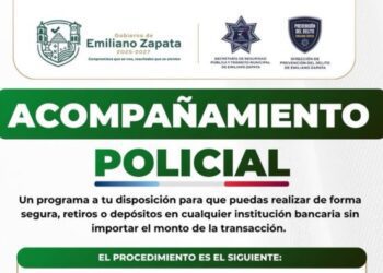 Unidad de la policía municipal brindando seguridad en la zona centro de Emiliano Zapata, Morelos