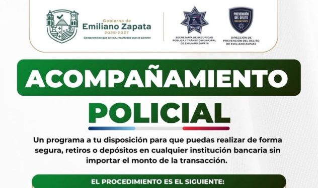 Unidad de la policía municipal brindando seguridad en la zona centro de Emiliano Zapata, Morelos