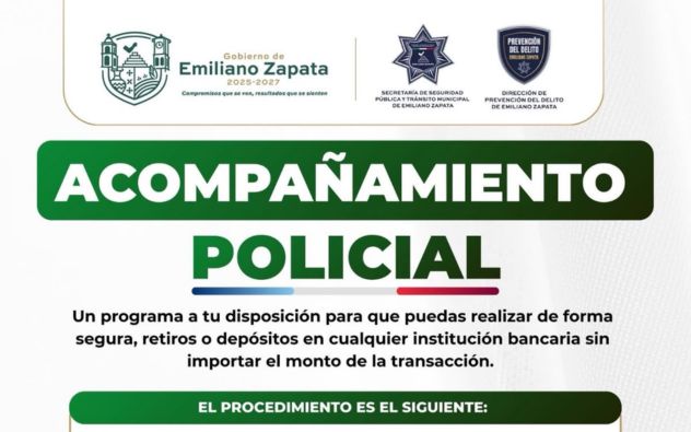 Unidad de la policía municipal brindando seguridad en la zona centro de Emiliano Zapata, Morelos