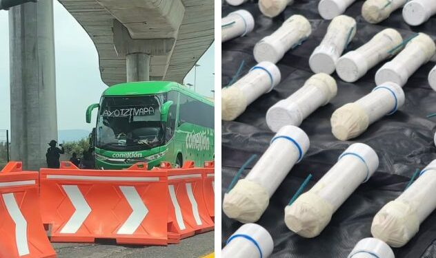Patrullas de la policía resguardando el operativo de revisión a autobuses en la carretera México-Cuernavaca, Morelos