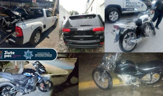 Elementos de la policía vial y preventiva de Jiutepec resguardando motocicletas y un vehículo recuperados junto a una patrulla del municipio.