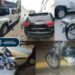 Elementos de la policía vial y preventiva de Jiutepec resguardando motocicletas y un vehículo recuperados junto a una patrulla del municipio.