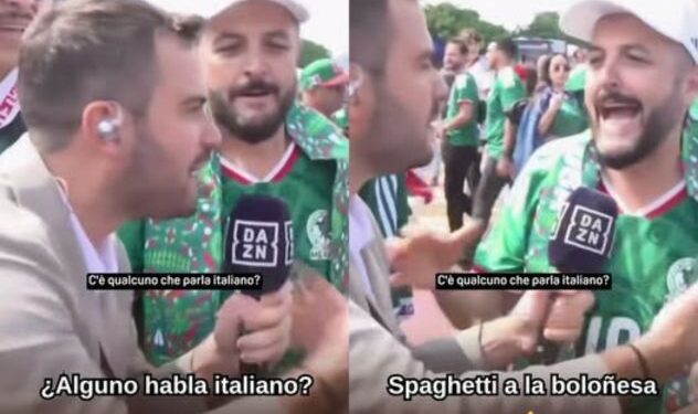 El reportero italiano Alessio De Giuseppe de DAZN sonriendo mientras es rodeado y cargado por aficionados con playeras de la Selección Mexicana afuera del estadio.