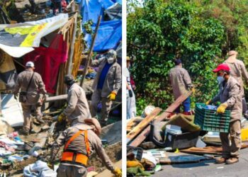 Brigadas de servicios públicos retirando basura y cacharros acumulados en la Barranca Seca de Cuernavaca, Morelos