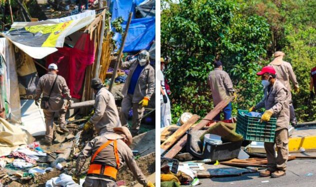 Brigadas de servicios públicos retirando basura y cacharros acumulados en la Barranca Seca de Cuernavaca, Morelos