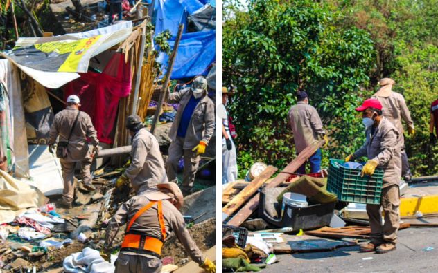 Brigadas de servicios públicos retirando basura y cacharros acumulados en la Barranca Seca de Cuernavaca, Morelos