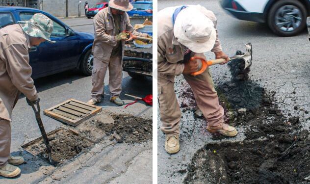 Trabajadores de servicios públicos retirando basura y lodo de una rejilla pluvial en Cuernavaca, Morelos
