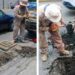 Trabajadores de servicios públicos retirando basura y lodo de una rejilla pluvial en Cuernavaca, Morelos