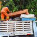Trabajadores de servicios públicos de Cuernavaca subiendo llantas y muebles viejos a un camión de volteo durante la Ruta del Cacharro.