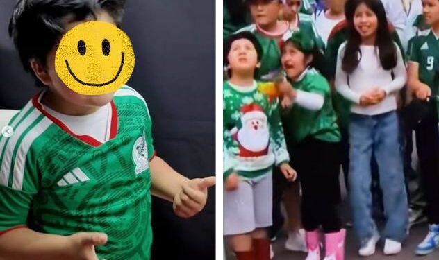Captura de pantalla de Santiago Giménez mandando un saludo en video y el pequeño Santiago sonriendo con su suéter navideño verde y rojo.